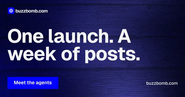 Social ad for BuzzBomb: "One launch. A week of posts." Swiss style, poster layout, dark palette in black, blue, grey.