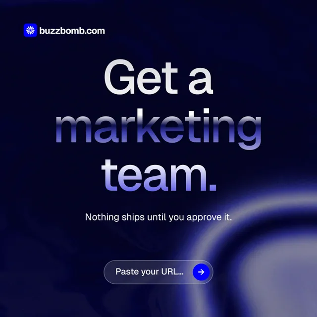 Instagram post for BuzzBomb: "Get a marketing team." Agentic glass style, centred layout, dark palette in black, grey, blue.