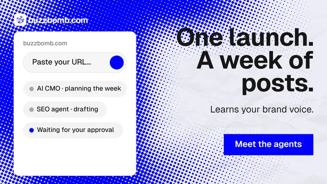 Landscape graphic for BuzzBomb: "One launch. A week of posts." Split block style, right layout, light palette in white, blue.
