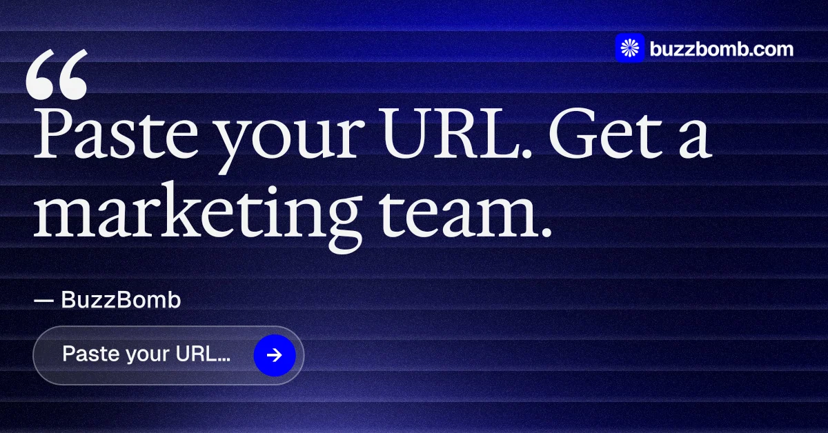 Social ad for BuzzBomb: "Seven agents. One chat." Agentic glass style, quote layout, dark palette in blue, black.