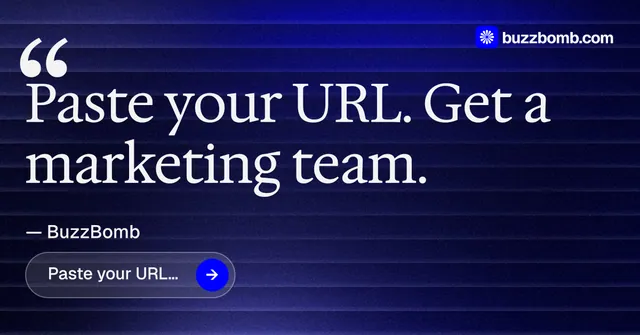 Social ad for BuzzBomb: "Seven agents. One chat." Agentic glass style, quote layout, dark palette in blue, black.