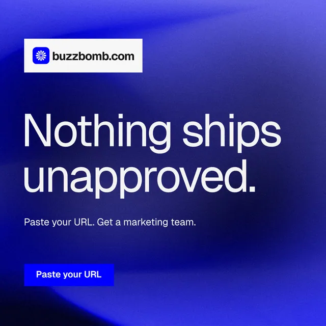 Instagram post for BuzzBomb: "Nothing ships unapproved." Swiss style, announce layout, dark palette in blue.