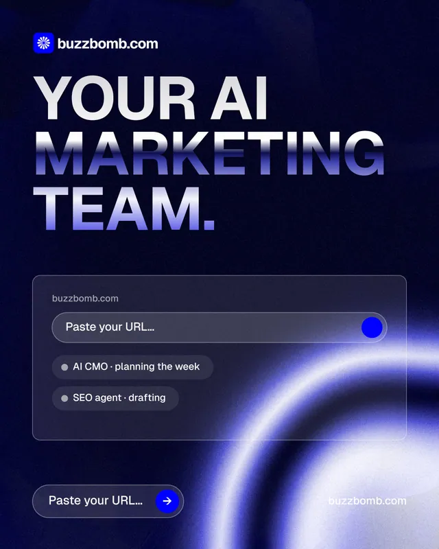 Instagram portrait post for BuzzBomb: "Your AI marketing team." Agentic glass style, poster layout, dark palette in blue, black.