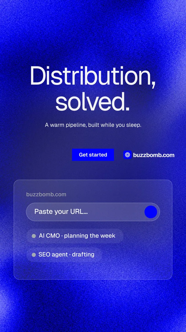Instagram story for BuzzBomb: "Distribution, solved." Swiss style, centred layout, dark palette in blue.