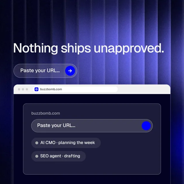 Instagram post for BuzzBomb: "Nothing ships unapproved." Agentic glass style, browser layout, dark palette in blue, black.
