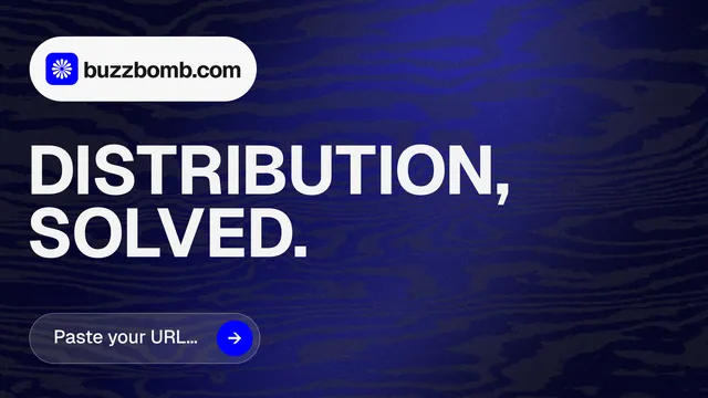 Landscape graphic for BuzzBomb: "Distribution, solved." Agentic glass style, announce layout, dark palette in black, blue, grey.