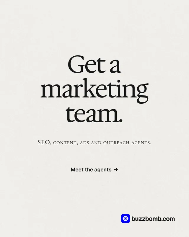 Instagram portrait post for BuzzBomb: "Get a marketing team." Swiss style, smallcaps layout, light palette in white.