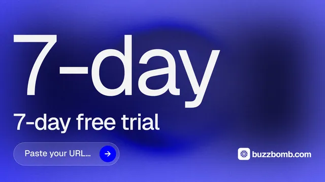 Landscape graphic for BuzzBomb: "Spark some growth today." Agentic glass style, stat layout, dark palette in blue.