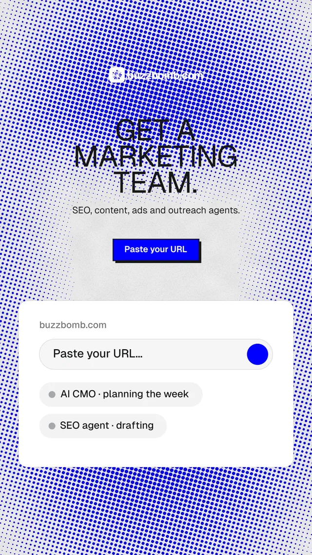 Instagram story for BuzzBomb: "Get a marketing team." Brutalist style, centred layout, light palette in blue, white.