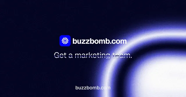 Social ad for BuzzBomb: "Get a marketing team." Agentic glass style, end card layout, dark palette in black, blue.