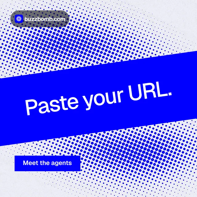 Instagram post for BuzzBomb: "Paste your URL." Swiss style, diagonal layout, light palette in blue, white.
