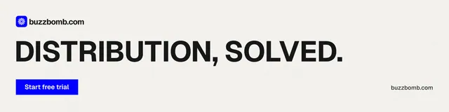 LinkedIn banner for BuzzBomb: "Distribution, solved." Swiss style, poster layout, light palette in white, grey.