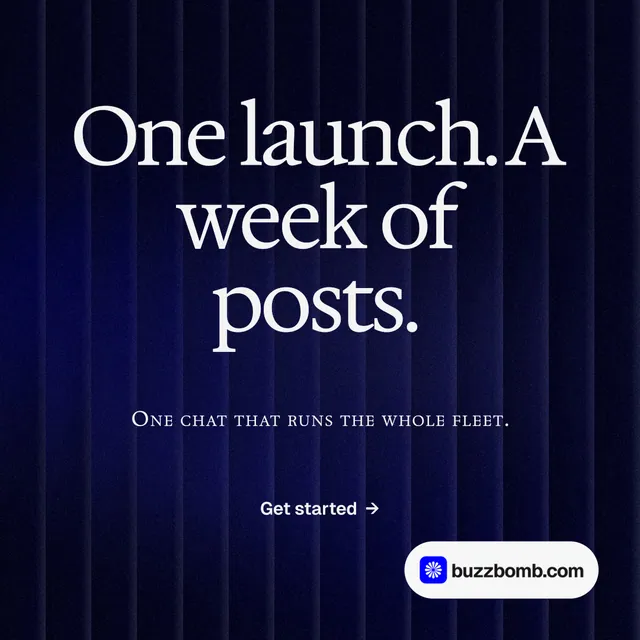 Instagram post for BuzzBomb: "One launch. A week of posts." Agentic glass style, smallcaps layout, dark palette in black, blue, grey.
