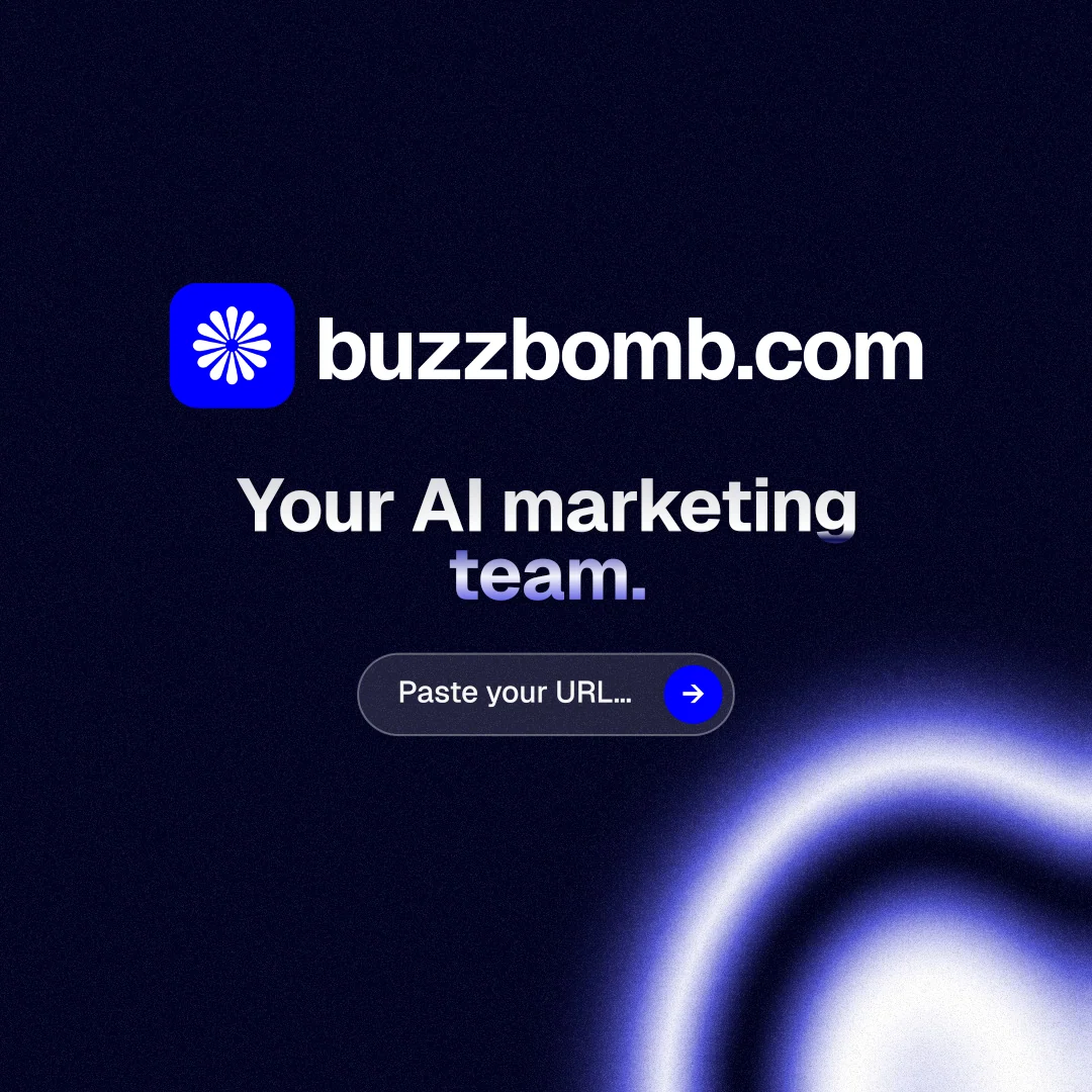 Instagram post for BuzzBomb: "Your AI marketing team." Agentic glass style, logo hero layout, dark palette in black, blue.