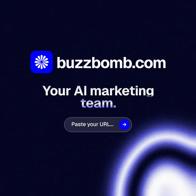 Instagram post for BuzzBomb: "Your AI marketing team." Agentic glass style, logo hero layout, dark palette in black, blue.