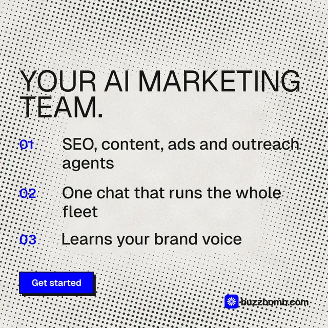 Instagram post for BuzzBomb: "Your AI marketing team." Brutalist style, numbered layout, light palette in white, grey.
