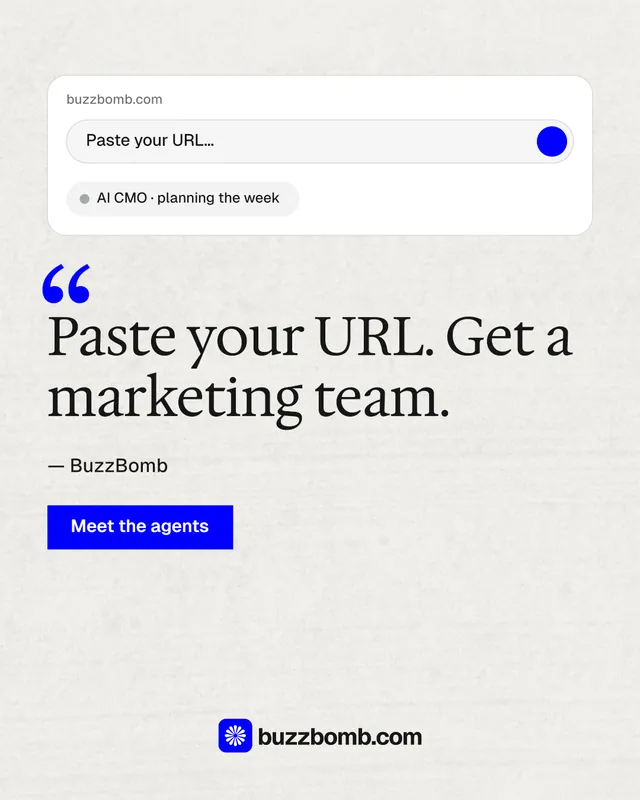 Instagram portrait post for BuzzBomb: "Paste your URL." Swiss style, quote layout, light palette in white, blue.