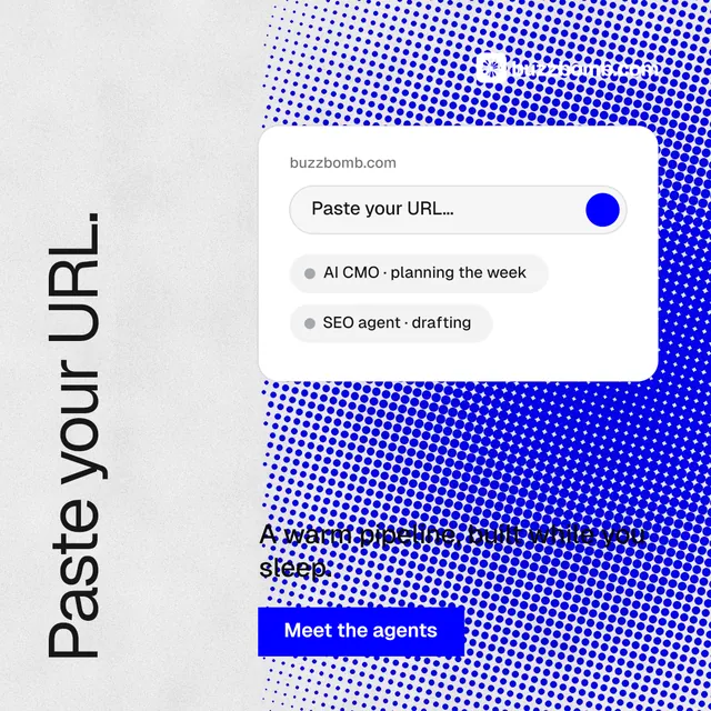 Instagram post for BuzzBomb: "Paste your URL." Swiss style, vertical layout, light palette in blue, white.