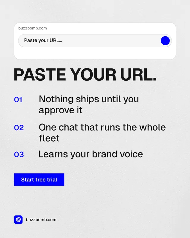Instagram portrait post for BuzzBomb: "Paste your URL." Swiss style, numbered layout, light palette in white, grey.