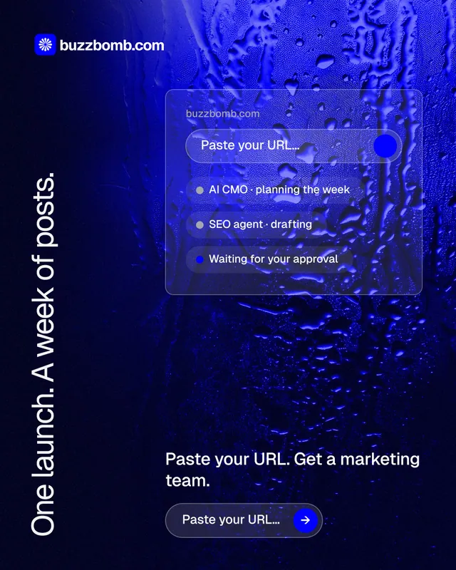 Instagram portrait post for BuzzBomb: "One launch. A week of posts." Agentic glass style, vertical layout, dark palette in black, blue.
