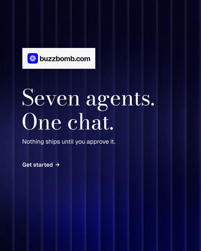 Instagram portrait post for BuzzBomb: "Seven agents. One chat." Minimal luxury style, announce layout, dark palette in black, blue, grey.