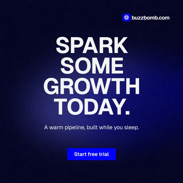 Instagram post for BuzzBomb: "Spark some growth today." Swiss style, centred layout, dark palette in black, blue.