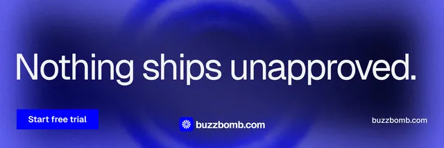 X header for BuzzBomb: "Nothing ships unapproved." Swiss style, poster layout, dark palette in blue.
