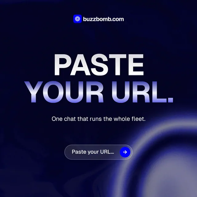 Instagram post for BuzzBomb: "Paste your URL." Agentic glass style, centred layout, dark palette in black, grey, blue.