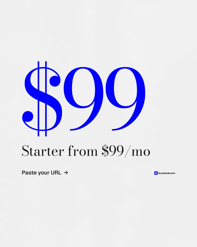 Instagram portrait post for BuzzBomb: "Get a marketing team." Minimal luxury style, stat layout, light palette in white, blue.