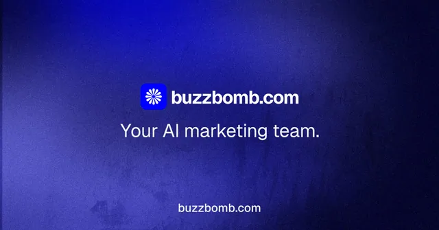 Social ad for BuzzBomb: "Your AI marketing team." Swiss style, end card layout, dark palette in blue.