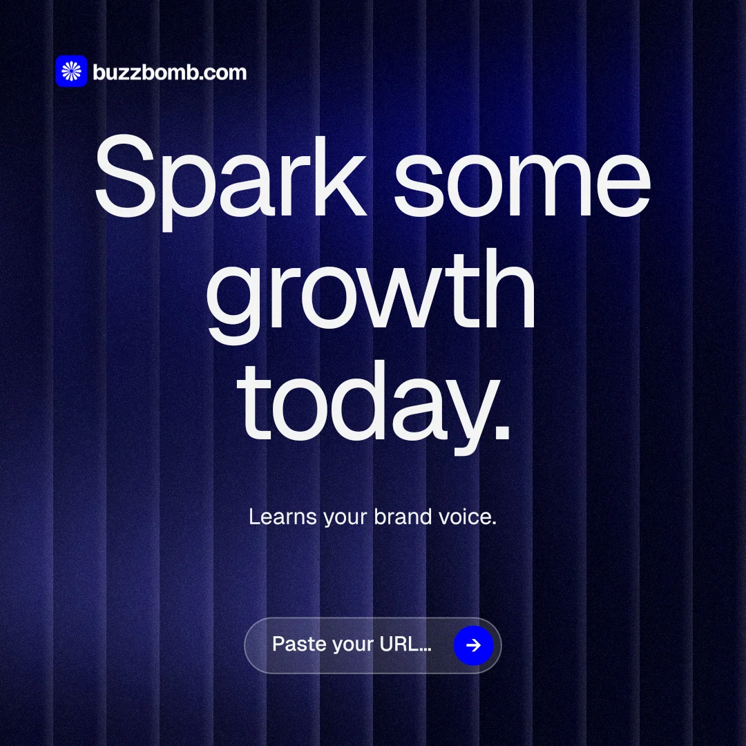 Instagram post for BuzzBomb: "Spark some growth today." Agentic glass style, centred layout, dark palette in black, blue, grey.
