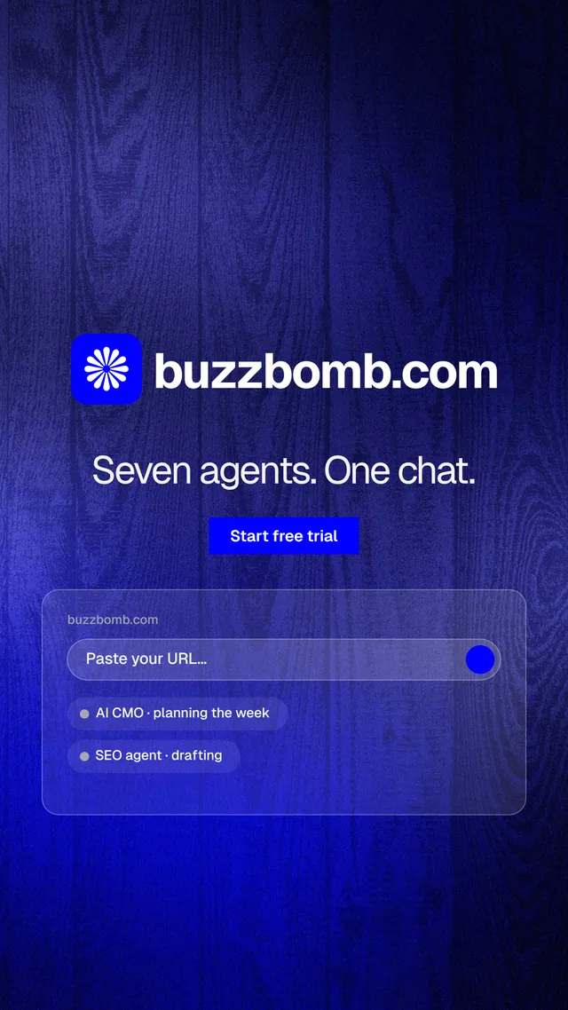 Instagram story for BuzzBomb: "Seven agents. One chat." Swiss style, logo hero layout, dark palette in blue.