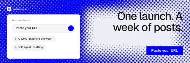X header for BuzzBomb: "One launch. A week of posts." Swiss style, right layout, light palette in blue, white.