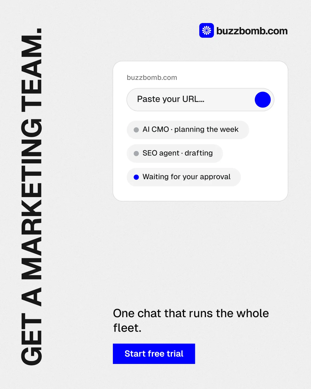 Instagram portrait post for BuzzBomb: "Get a marketing team." Swiss style, vertical layout, light palette in white.