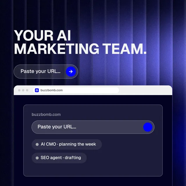 Instagram post for BuzzBomb: "Your AI marketing team." Agentic glass style, browser layout, dark palette in blue, black.