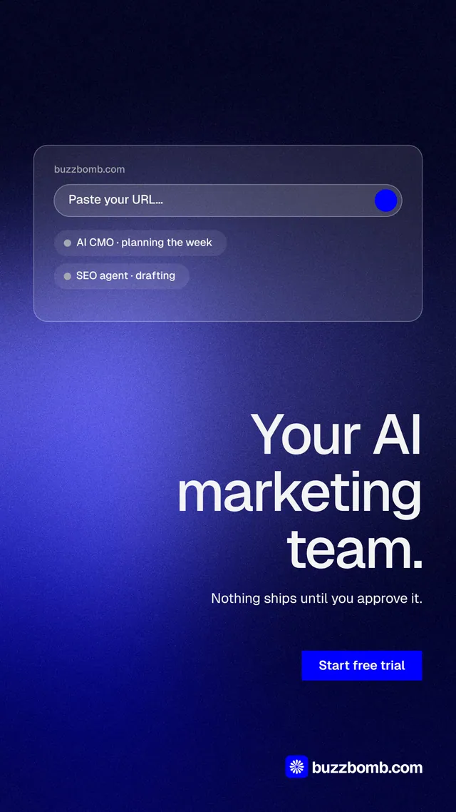 Instagram story for BuzzBomb: "Your AI marketing team." Swiss style, right layout, dark palette in black, blue.