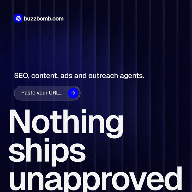 Instagram post for BuzzBomb: "Nothing ships unapproved." Agentic glass style, oversized layout, dark palette in black, blue, grey.