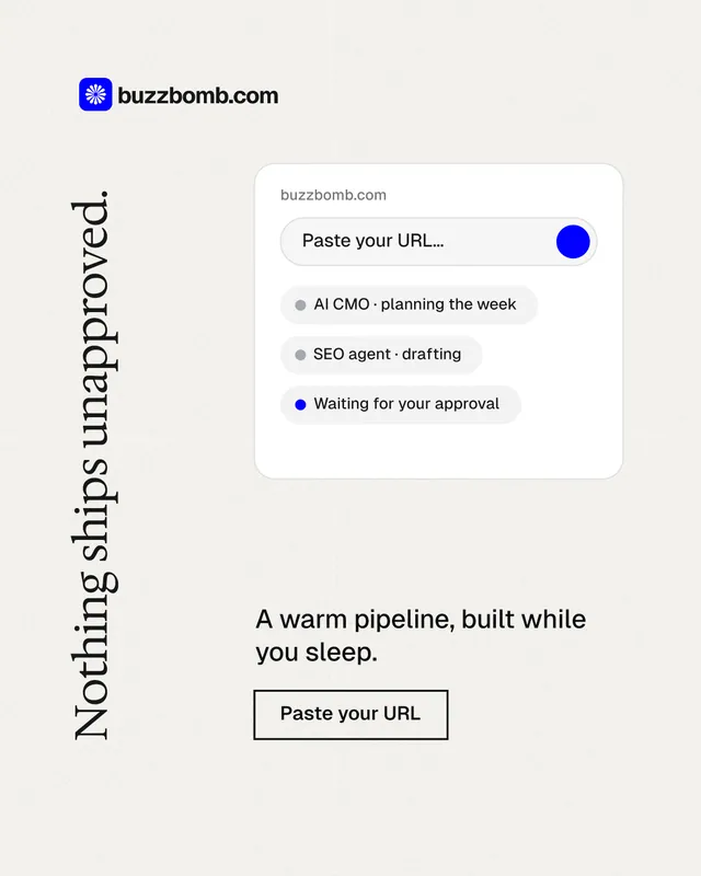 Instagram portrait post for BuzzBomb: "Nothing ships unapproved." Editorial style, vertical layout, light palette in white.