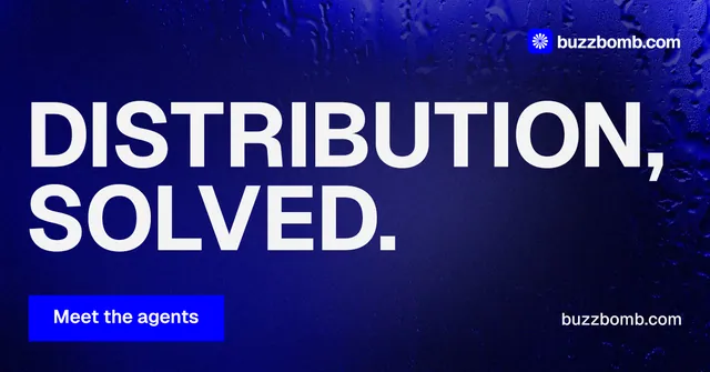 Social ad for BuzzBomb: "Distribution, solved." Swiss style, poster layout, dark palette in blue, white.