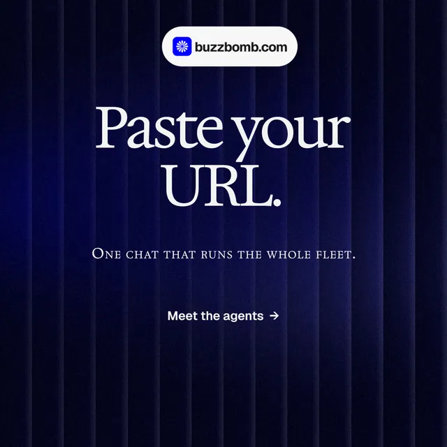 Instagram post for BuzzBomb: "Paste your URL." Agentic glass style, smallcaps layout, dark palette in black, blue, grey.