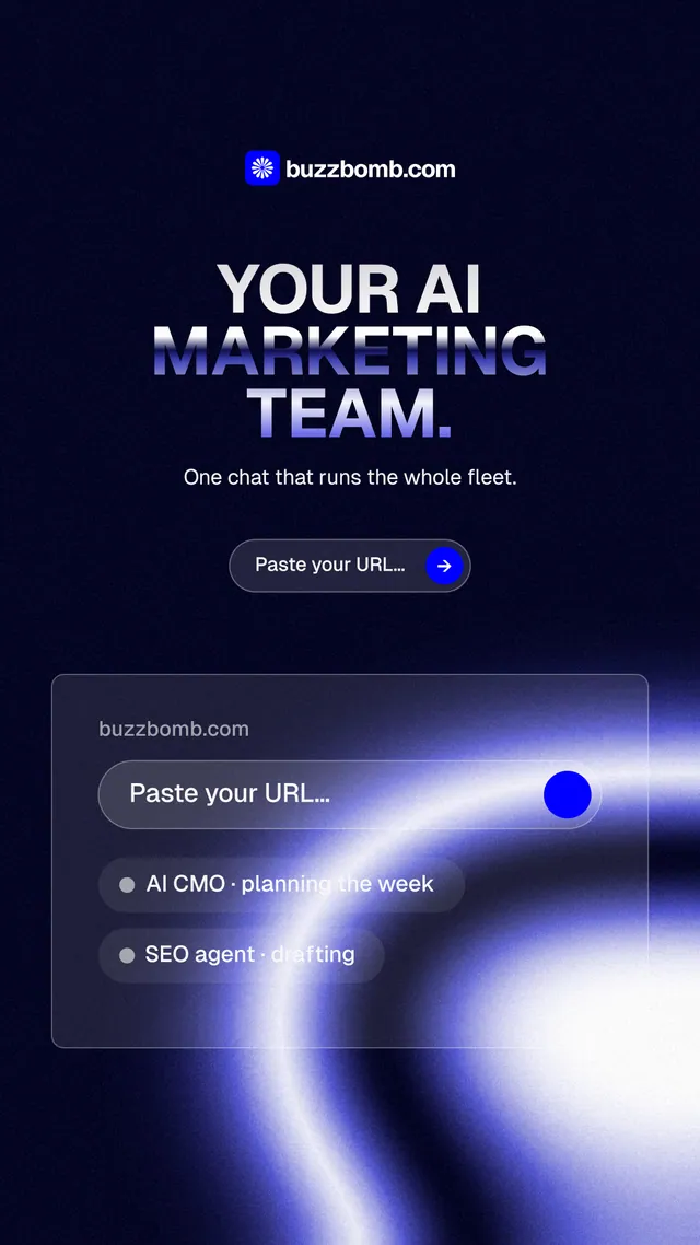Instagram story for BuzzBomb: "Your AI marketing team." Agentic glass style, centred layout, dark palette in black, blue.