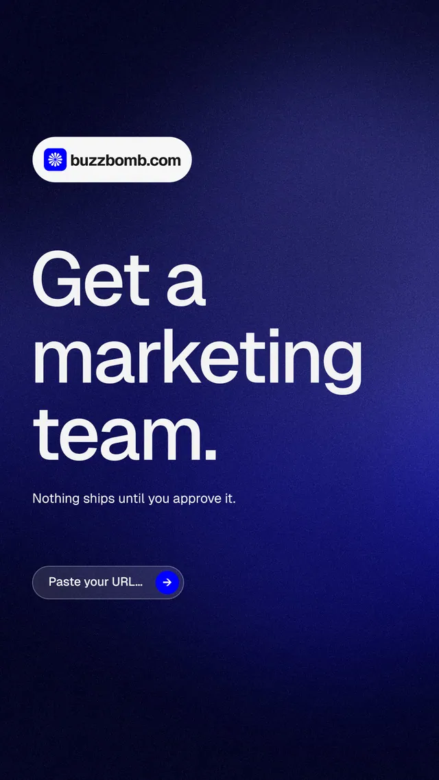 Instagram story for BuzzBomb: "Get a marketing team." Agentic glass style, announce layout, dark palette in black, blue, grey.