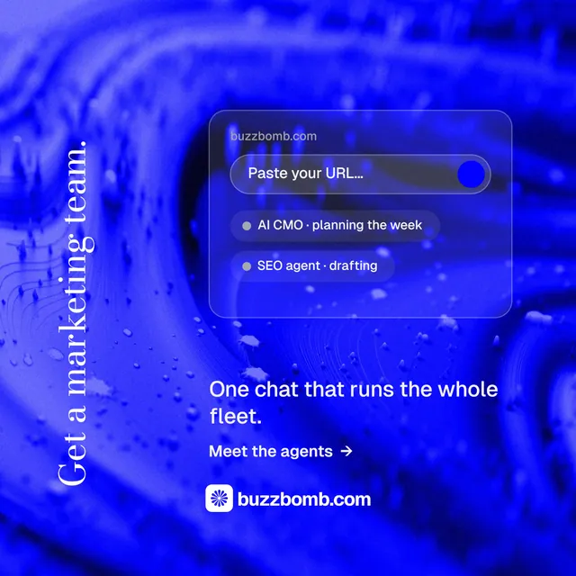 Instagram post for BuzzBomb: "Get a marketing team." Minimal luxury style, vertical layout, dark palette in blue.