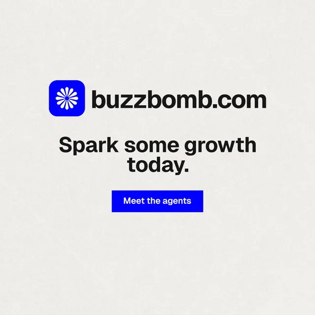 Instagram post for BuzzBomb: "Spark some growth today." Swiss style, logo hero layout, light palette in white, blue.