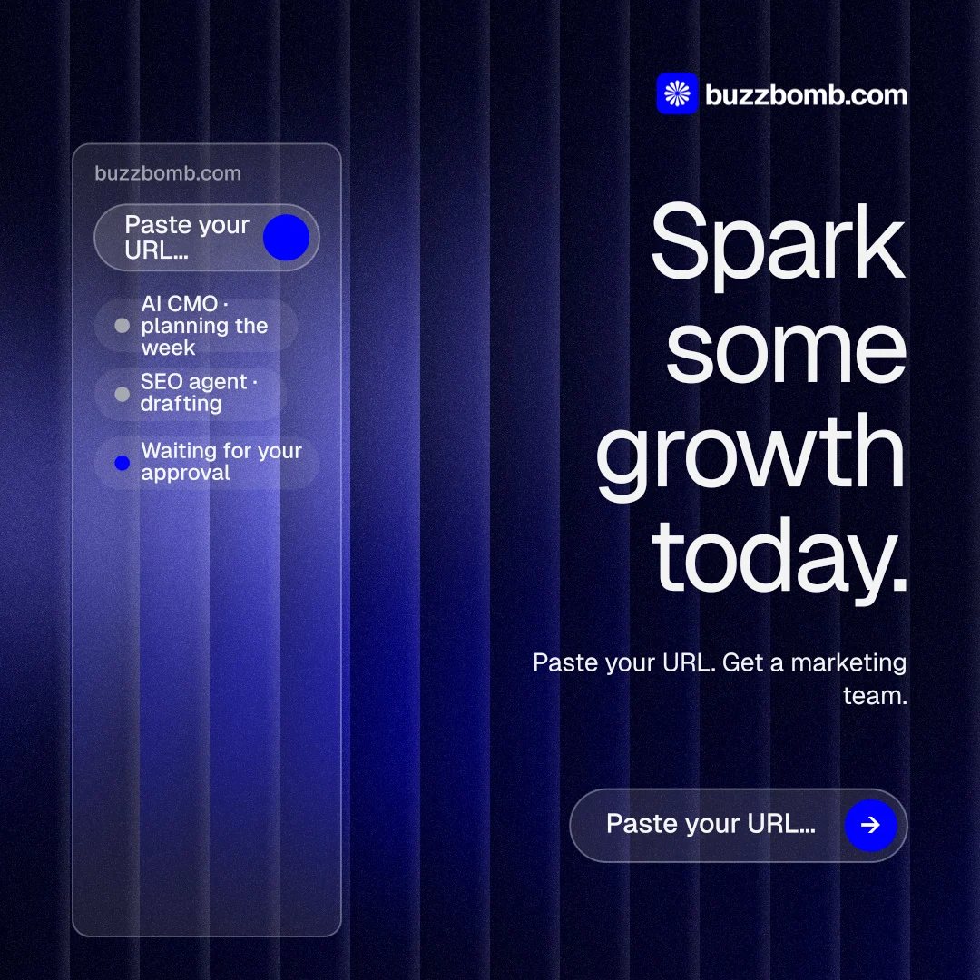 Instagram post for BuzzBomb: "Spark some growth today." Agentic glass style, right layout, dark palette in black, blue, grey.