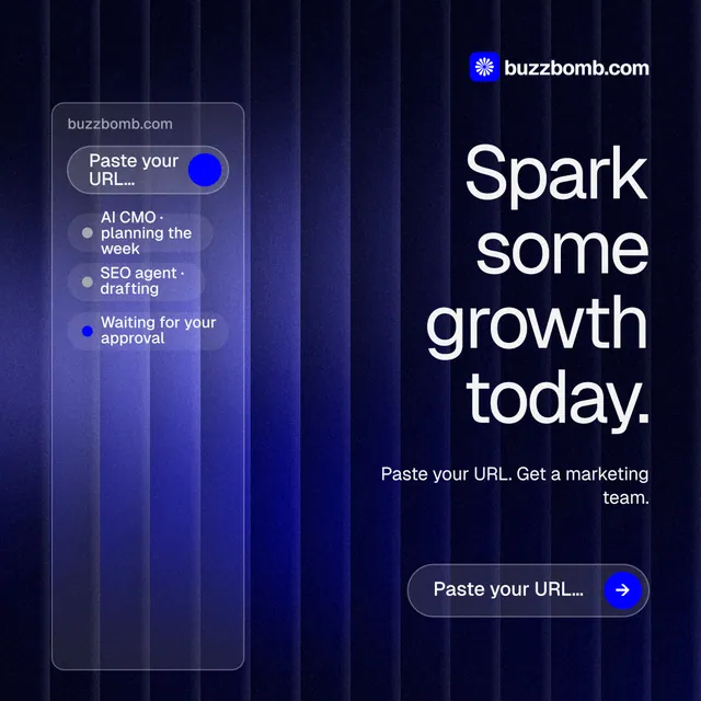 Instagram post for BuzzBomb: "Spark some growth today." Agentic glass style, right layout, dark palette in black, blue, grey.