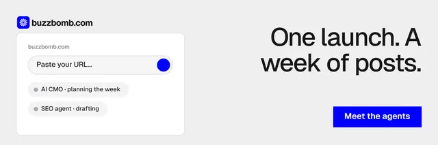 X header for BuzzBomb: "One launch. A week of posts." Swiss style, right layout, light palette in white, blue.