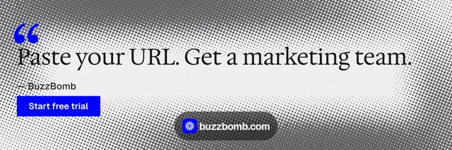 X header for BuzzBomb: "One launch. A week of posts." Swiss style, quote layout, light palette in grey, white.