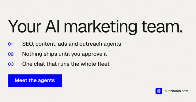 Social ad for BuzzBomb: "Your AI marketing team." Swiss style, numbered layout, light palette in white, grey.