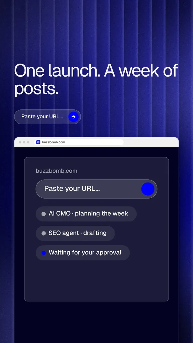 Instagram story for BuzzBomb: "One launch. A week of posts." Agentic glass style, browser layout, dark palette in blue, black, grey.